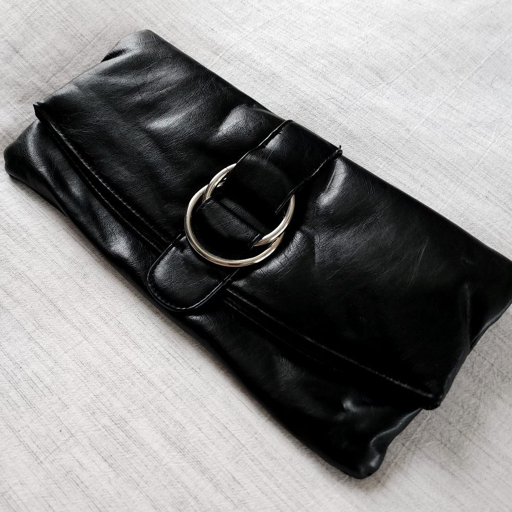 Silver Buckle Fold over Clutch - Black
